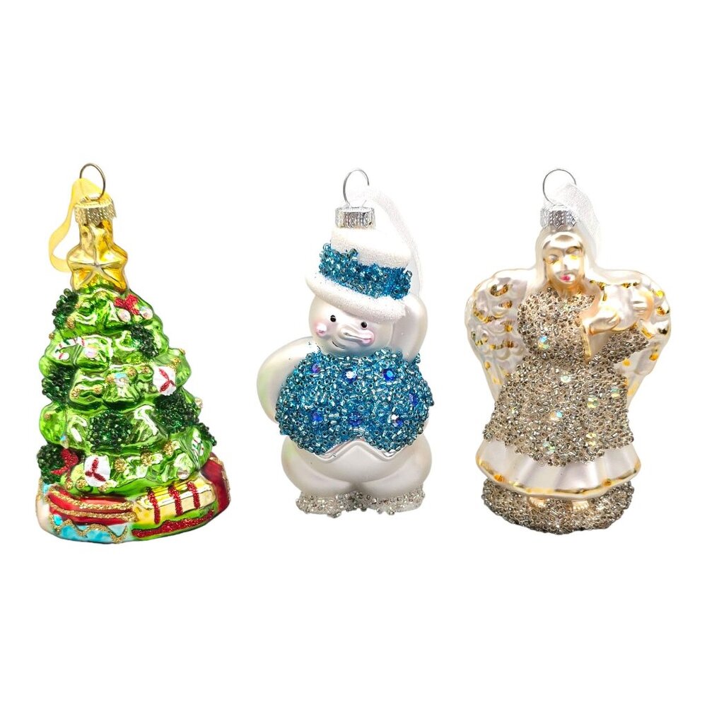3 Mercury Glass Christmas Ornament Angel Tree Snowman Gift Box Valerie Par Hill